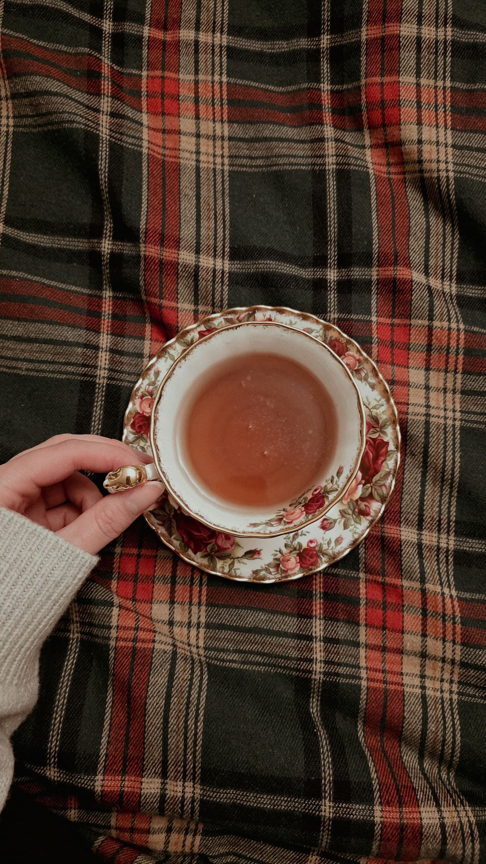 Hand holding a floral teacup